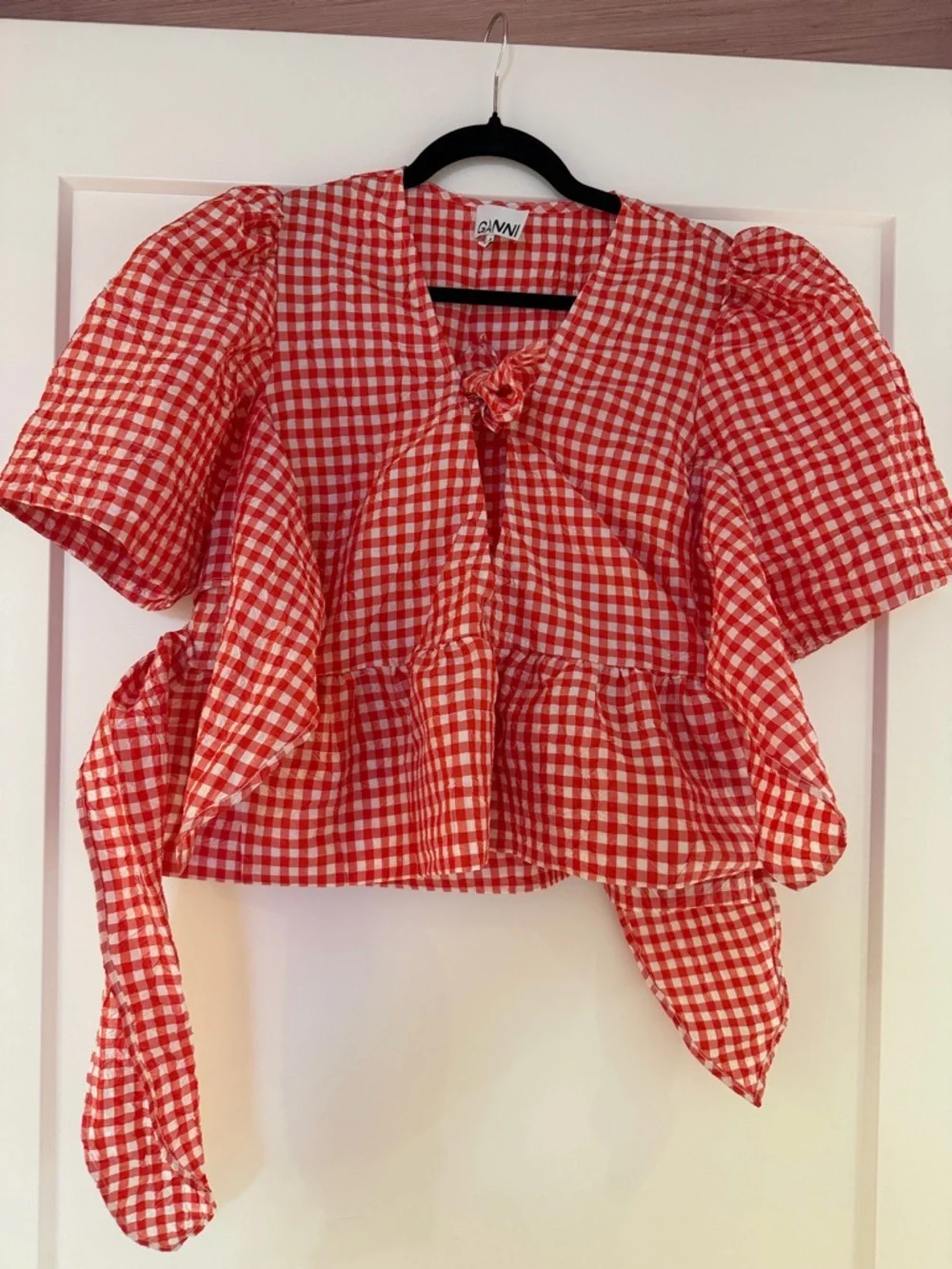 Red Gingham Puff-Sleeve Tie-Front Peplum Top - Picture 3 of 4